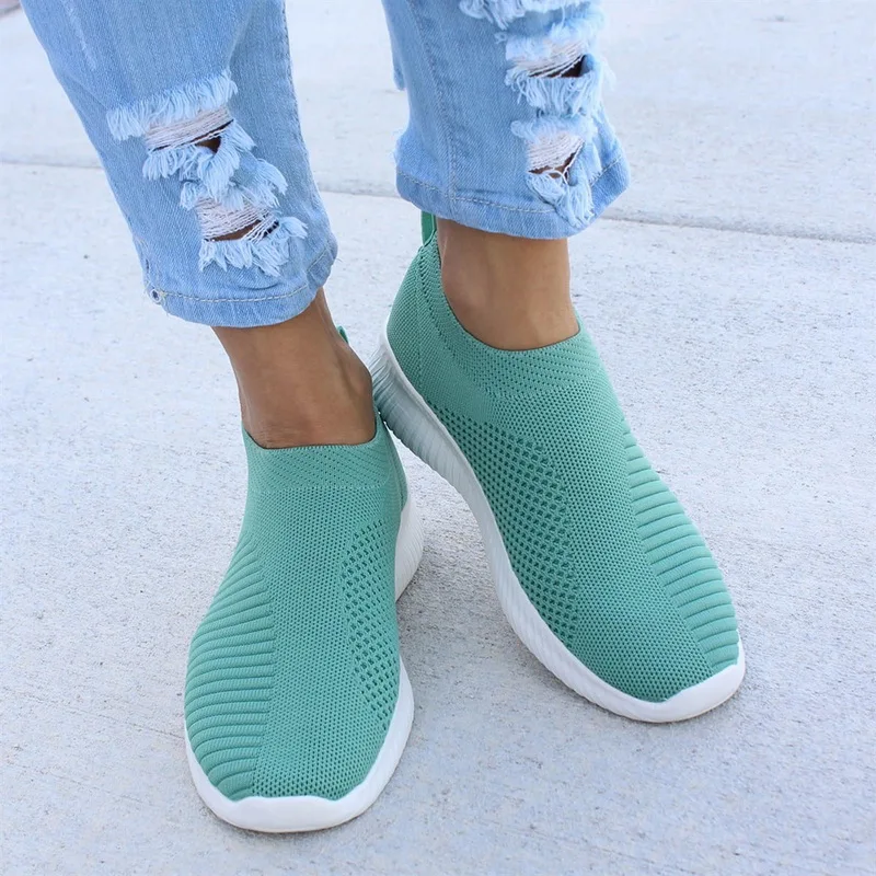 MoneRffi Breathable Air Mesh Autumn 2019 Flat Heel Sneakers Women Casual Slip On Stretch Knitted Sock Platform Shoes Woman Flats | Обувь
