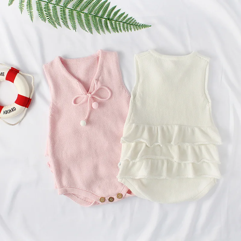 

Baby Girls Knitted V Neck Ruffles Sweater Rompers New Born Toddler Kids Pink White Color Spring Autumn Clothing