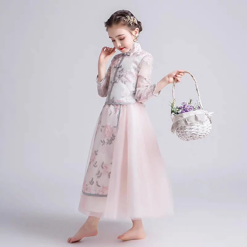 

2019Summer Luxury Children Little Girls Embroidery Flowers Chinese Style Cheongsam Long Dress Kids Toddler Fashion Qipao Dress