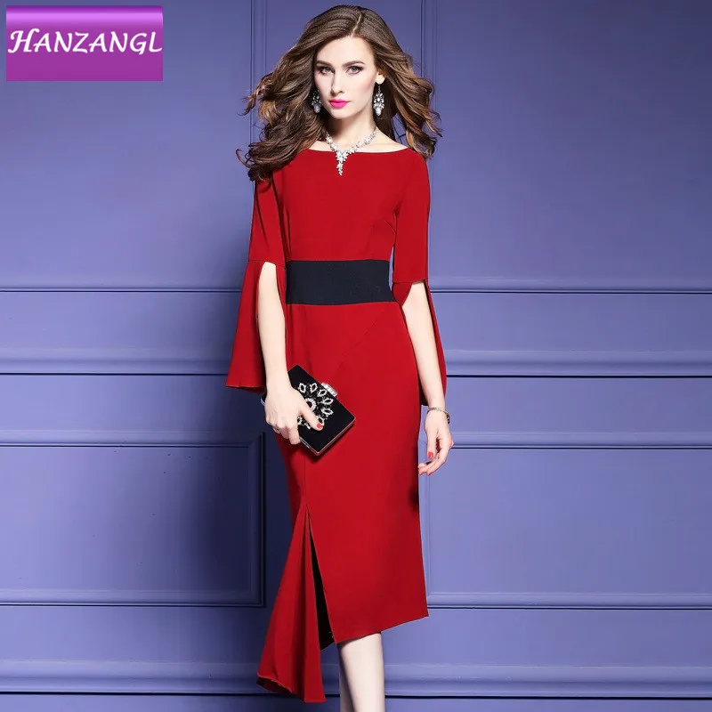 HANZANGL 2019 весенне осеннее деловое асимметричное однотонное платье для женщин