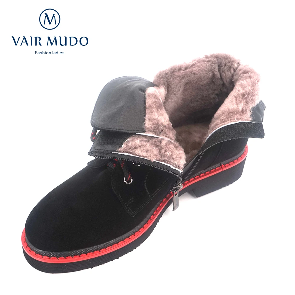 VAIR MUDO/Новые Модные ботильоны из овечьей кожи повседневная женская обувь на плоской подошве с круглым носком на толстом каблуке теплые зимние ботинки с шерстяной подкладкой; DX8