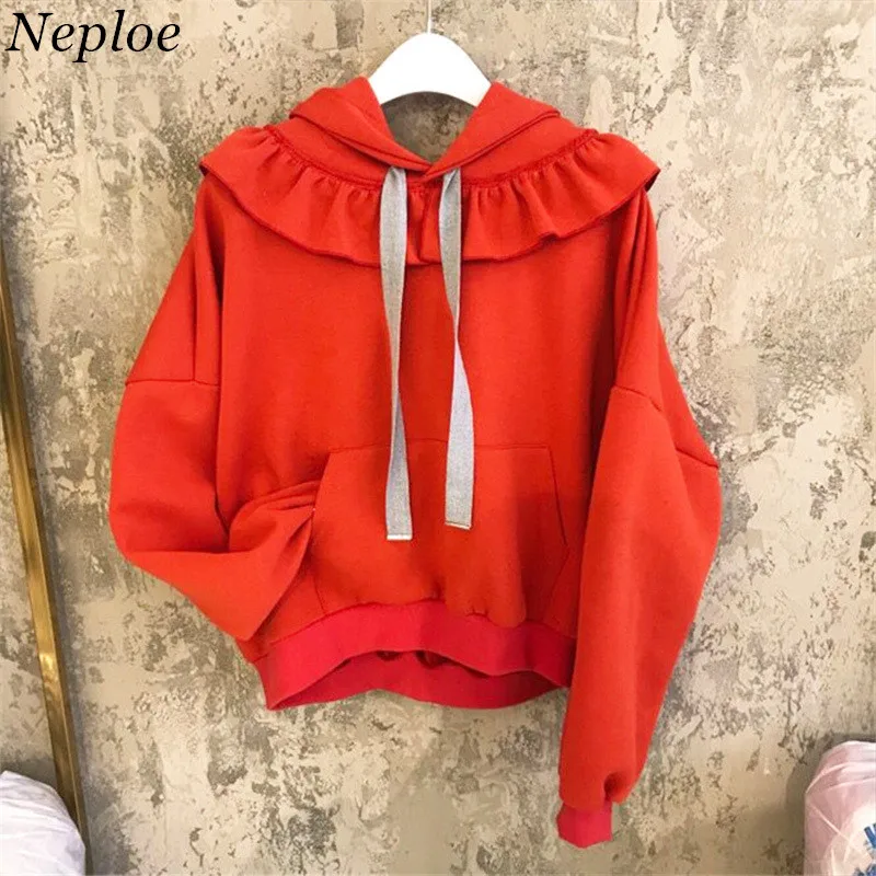 Neploe, женские толстовки с капюшоном и оборками, с передними карманами, Теплый Женский пуловер, Осень-зима, повседневный СВОБОДНЫЙ Модный Топ 69020