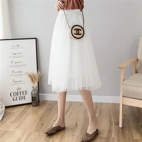 Белый Женская фатиновая юбка, летняя трапециевидная юбка средней длины, эластичная юбка-пачка с высокой талией, плиссированные юбки для школьниц, корейский стиль, E9525 - Цвет: Белый