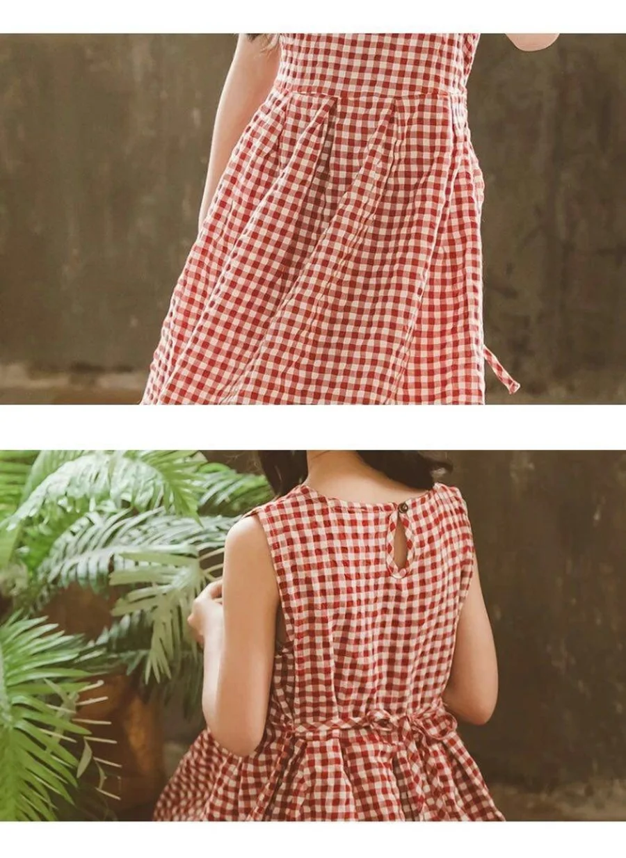 Red Plaid Dress for Girls Summer Kids England Fashion Linen Long Dresses Teen Girl Sleeveless Maxi 8 10 12 14 | Детская одежда и