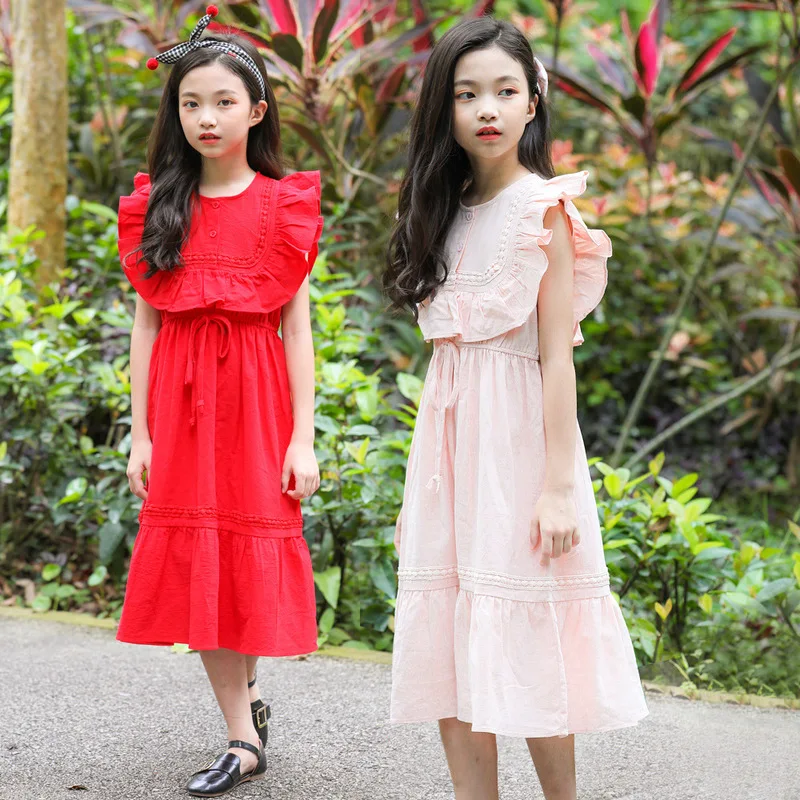Korean Style Ruffled Princess Cotton Long Dress for Girl New 2019 Red Pink Party 10 to 12 years | Детская одежда и обувь