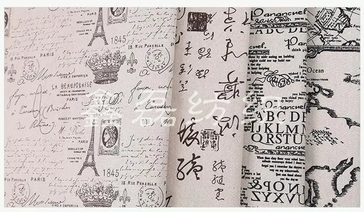 

100x150cm English and Chinese word Cotton Linen Sewing Fabric for Tablecloth For Cushion DIY Sew Fabric Home Decoration