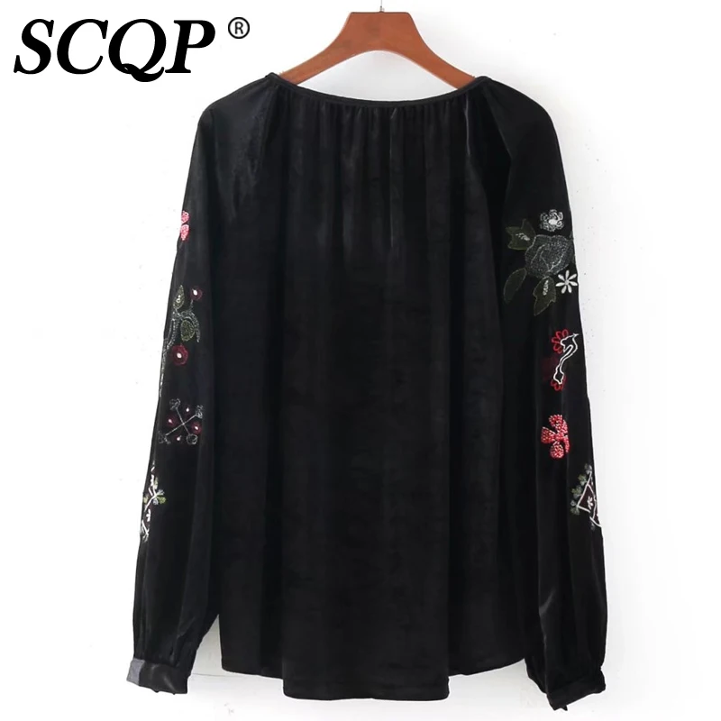 SCQP Черный цветочной вышивкой блузка кисточкой весна корейский стиль Для женщин с