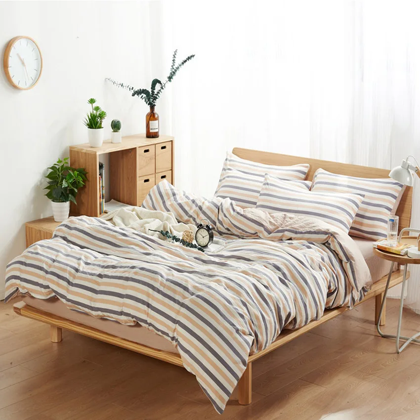 Pattern 2 Полосатый клетчатый Комплект постельного белья Королева ковровое покрытие набор простой промытый хлопок плоский/Простыня на резинке, наволочка пододеяльник набор 4 шт./компл - Цвет: Pattern 2