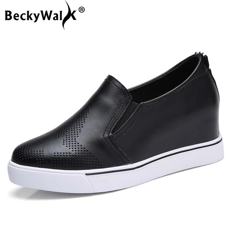 Женские кроссовки на танкетке BeckyWalk белые черные из натуральной кожи лоферы