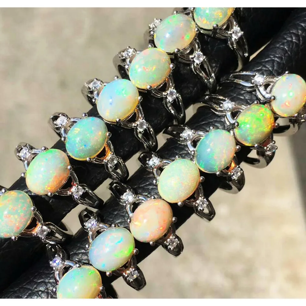 

White Opal Ring 100% 925 Sterling Silver with Real Natural Opal Oval 7x9mm Opal Wedding Rings for Women Adjustable Rings Size