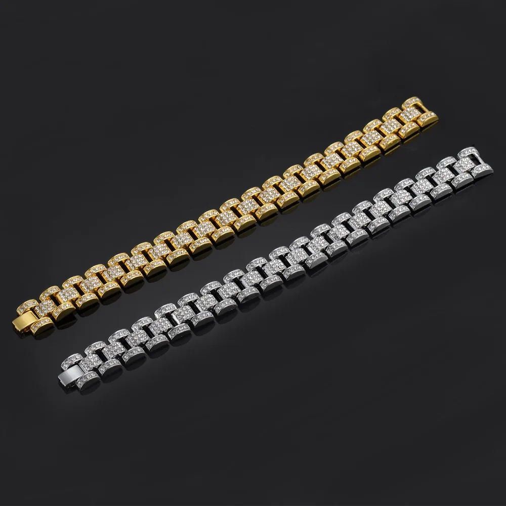 Hip Hop Men Bling Gold Silver Party Track Jewelry Hand Chains Bangles Rhinestones Simulated Stone Women Bracelets | Украшения и