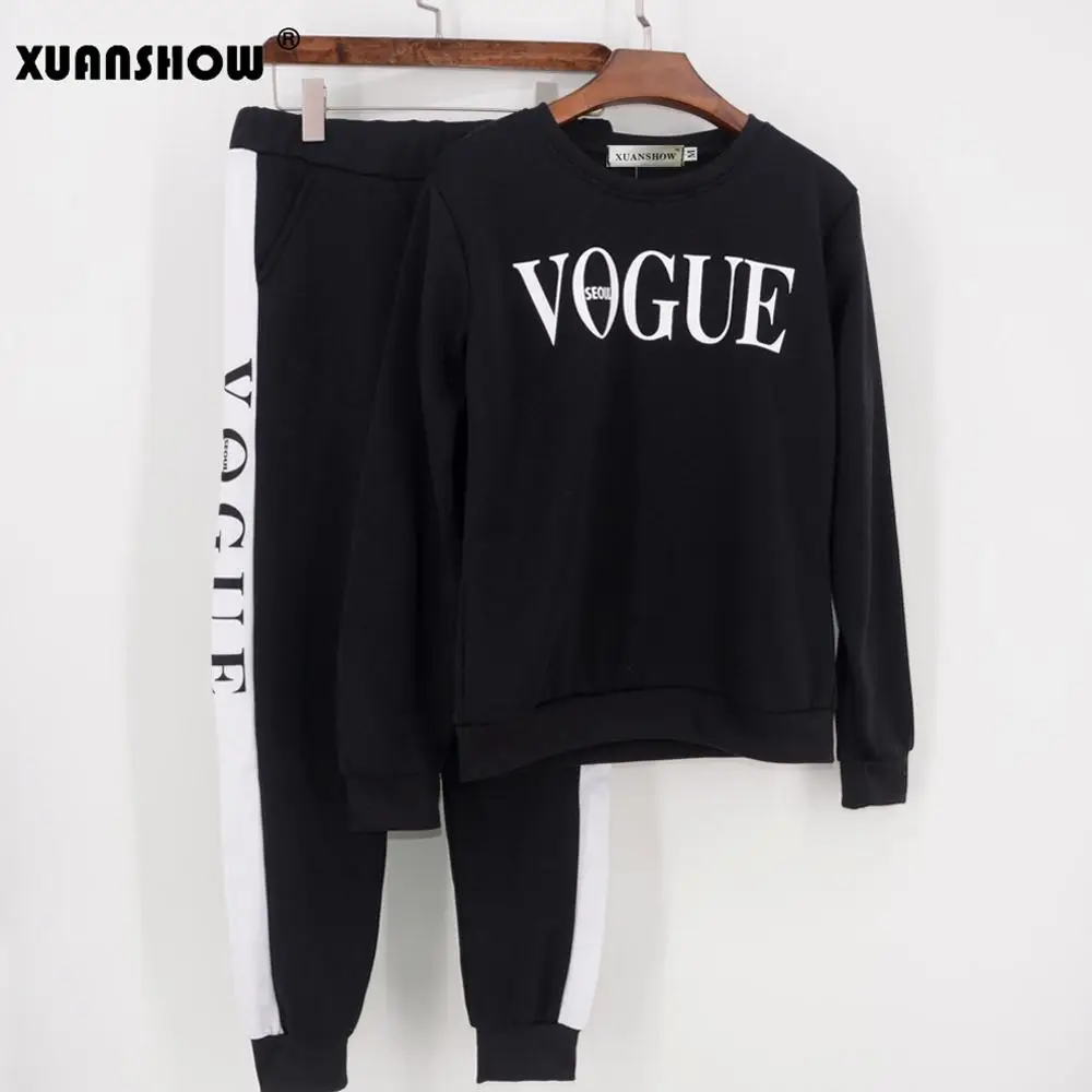 Black XUANSHOW Осень зима 2 предмета женщины VOGUE Буквы напечатанный Толстовка+ брючный костюм Спортивные остюмы Длинный рукав Спортивная одежда Снаряжение - Цвет: Black