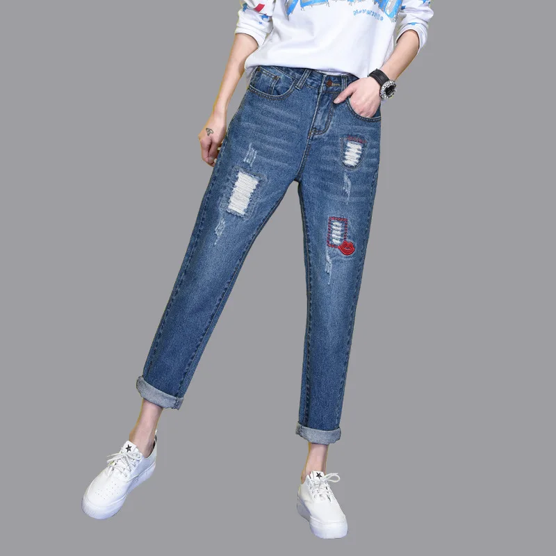 Женские рваные джинсы до щиколотки прямые свободные брюки со средней талией 26 32