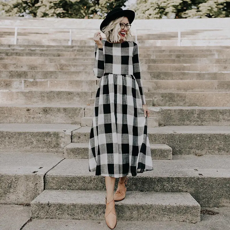 Новое Женское осеннее длинное платье винтажное клетчатое Vestidos женское модное