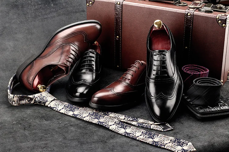 Mens brogue carving genuine leather dress shoes round toe lace up high quality work men wedding black wine red brown | Обувь