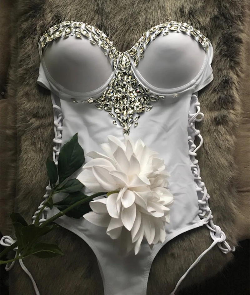 Женский слитный купальник со стразами летняя пляжная одежда большого размера 2019