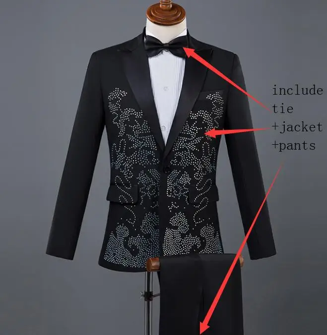 black Пиджак+ галстук+ брюки) Яркие Камни мужские костюмы блестящие стеклянные алмазные блейзеры взрослый костюм певица Compere мастер сценический наряд - Цвет: black