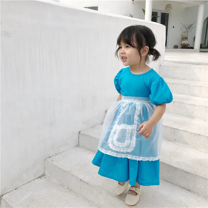 Korean style baby girls fashion solid color puff sleeve princess dress with mesh apron 1-6 years kids all-match long dresses | Детская