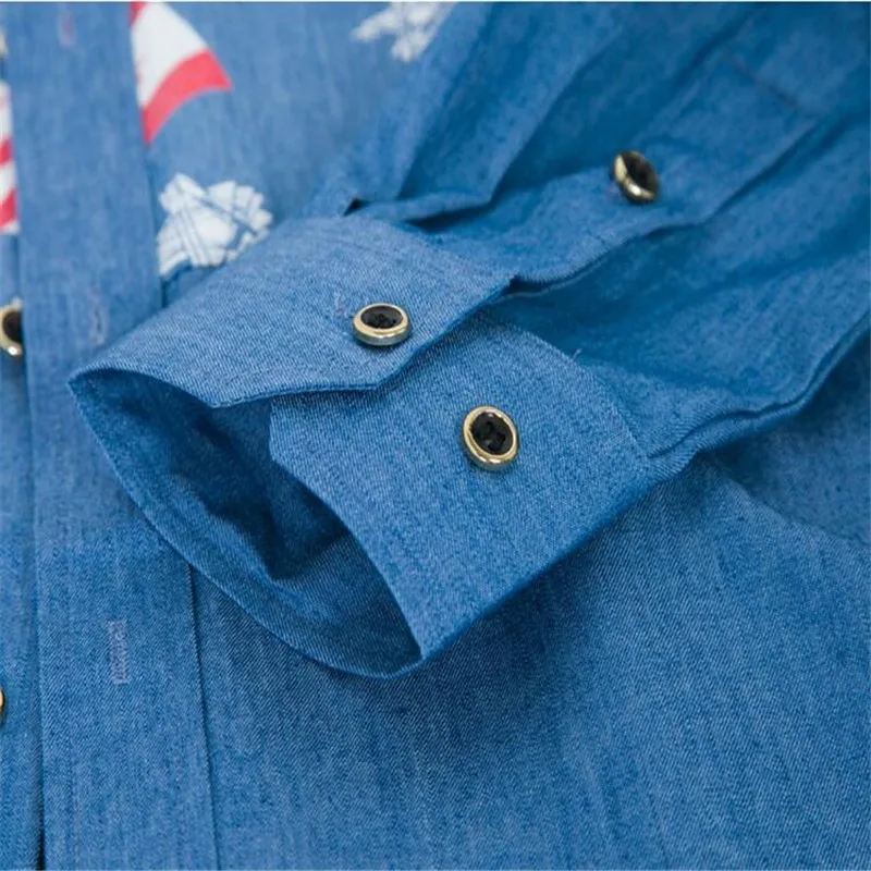 Мужская ковбой Рубашки 2016 Моды Шить джинсовые Американский Флаг с длинным