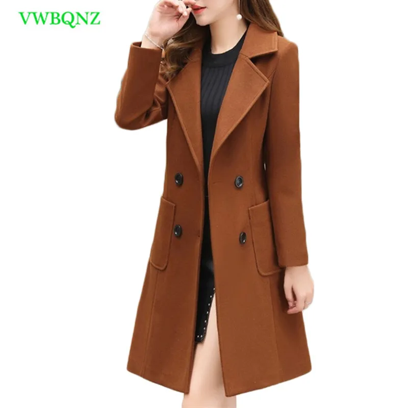 

Spring Autumn New Korean Slim Long Woolen Coat Women Temperament Woolen Coats Women's Double-breasted Plus size Overcoats A428