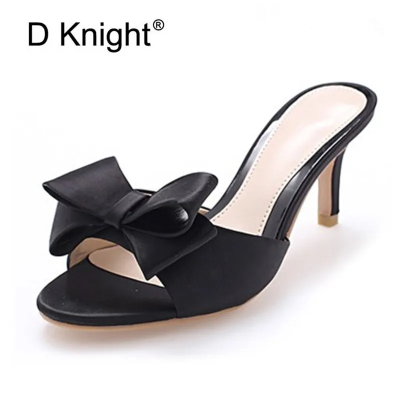 2021 Summer Shoes Woman Big Bow Thin High Heels Slippers Peep Toe Mules Lady Slides Shoes Plus Size 43 Black Red Women Sandals