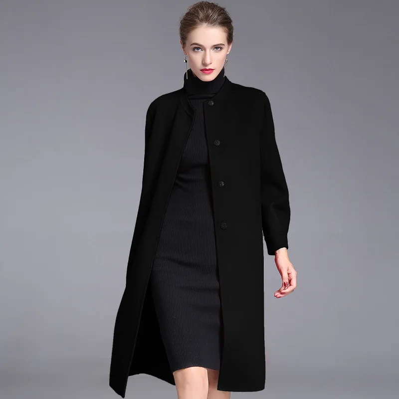 European and American double-sided wool coat women's new mid-long hand-sewn cashmere overcoat in autumn winter of 2018 | Женская
