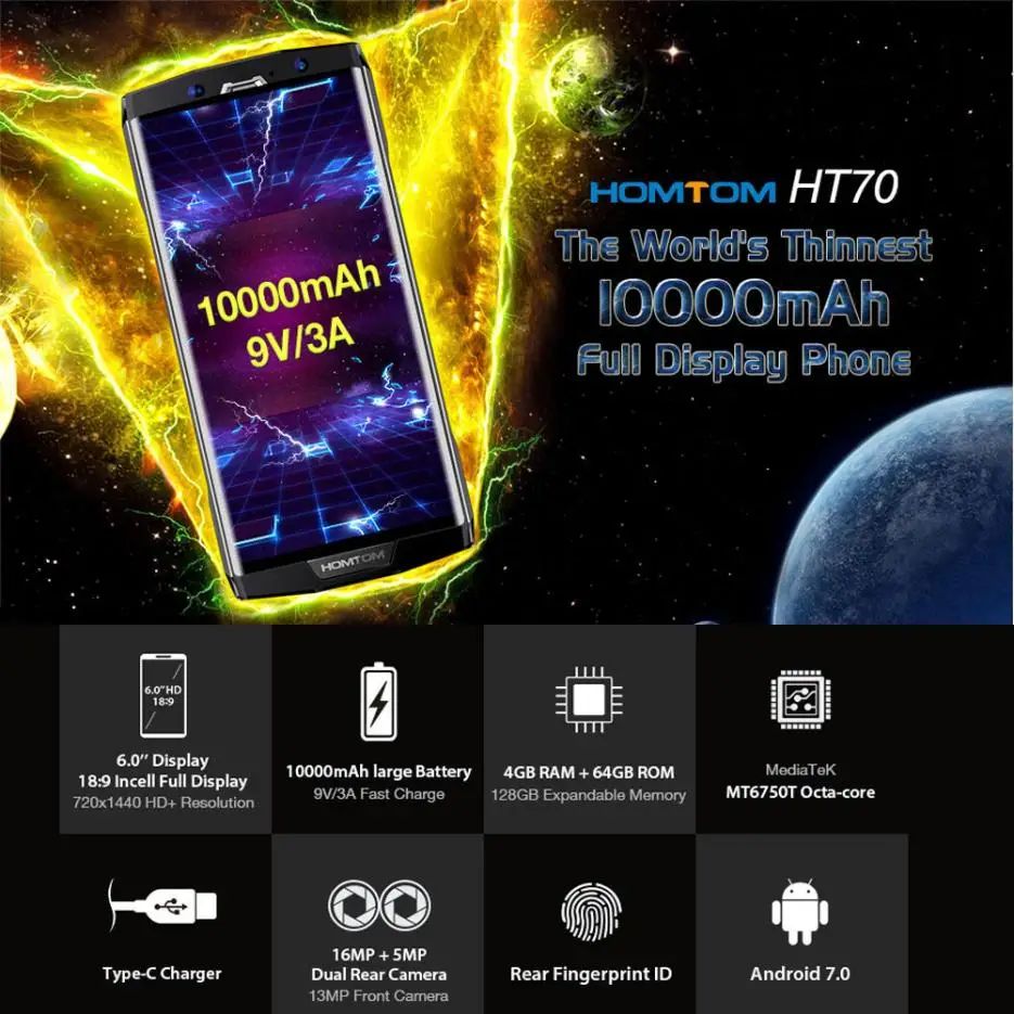 HOMTOM HT70 6,0 ''ультратонкий MT6750T Восьмиядерный 4G+ 64G 4G разблокированный смартфон с сенсорным экраном gps Bluetooth Wi-Fi адаптер для ЕС и США