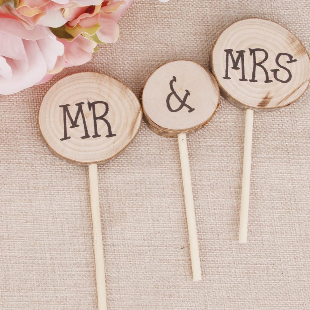 3Pcs/Set Wooden Cake Toppers Round Mr &amp Mrs Shabby Chic Rustic Wedding Topper Pick Decoration Colorful | Дом и сад