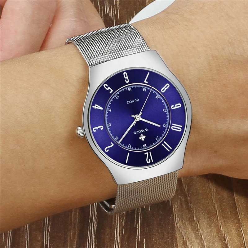 WWOOR мужские часы Топ бренд класса люкс стальной сетчатый ремешок кварцевые для