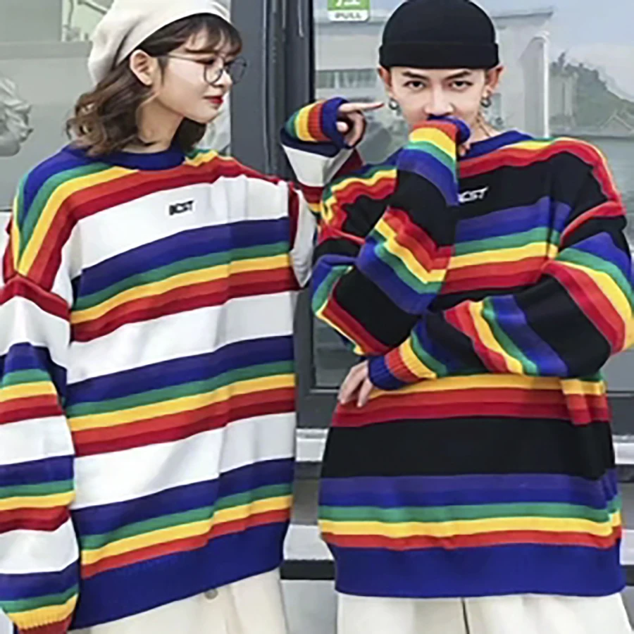 Мужской длинный свитер в полоску с радугой вязаный буквенным принтом Корейском