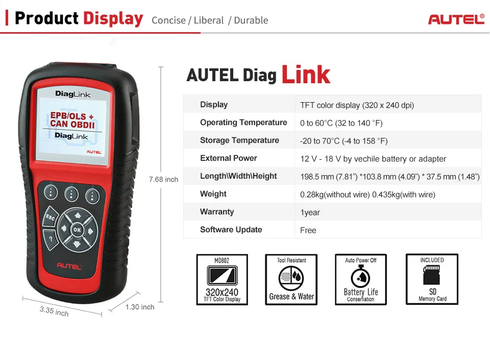 Autel DiagLink полная система OBD2 сканер автомобильный диагностический инструмент OBD 2 EOBD код ридер двигатель ABS подушка безопасности Трансмиссия PK MD802 MD805