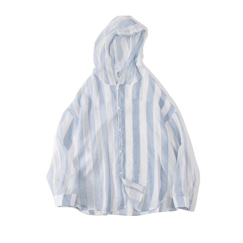 Summer Casual Streetwear Long Sleeve Fashion Korean Style Striped Hooded Mens Shirt