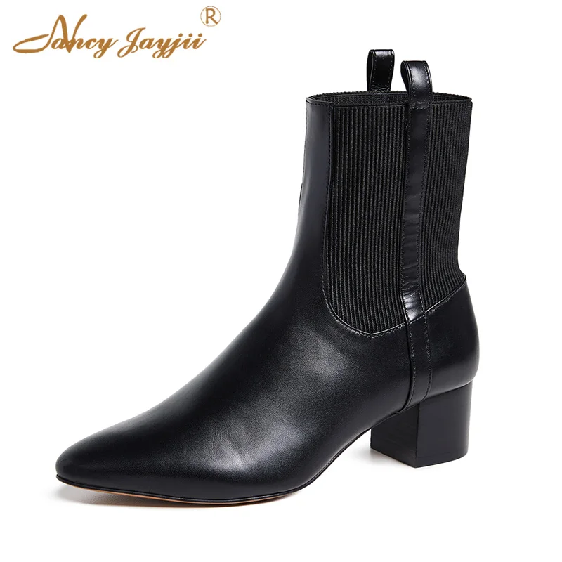 

Nancyjayjii Black PU Mature Ankle Boots 2021 Winter Women’S Dress Sexy Almond Toe 6cm Square Heels Ladies Elastic Band 45 Shoes