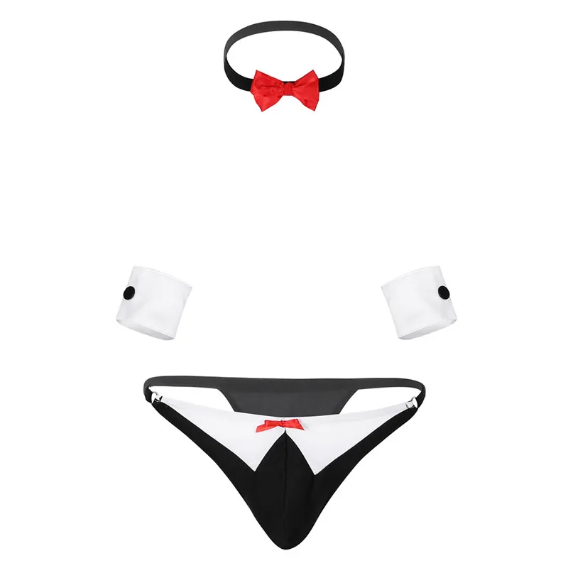 Мужской смокинг нижнее белье Butler официант костюм Гей Нижнее белье стринги ролевые игры костюм для мужчин Хэллоуин эротический бандаж мешок трусики - Цвет: Черный