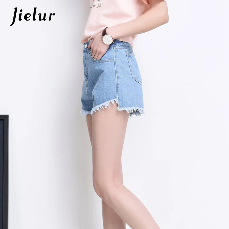 

Jielur Summer Slim Casual High Waist Women's Shorts Jeans Vintage Solid Color Fashion Wide Leg Pockets Tassel Denim Shorts S-XL