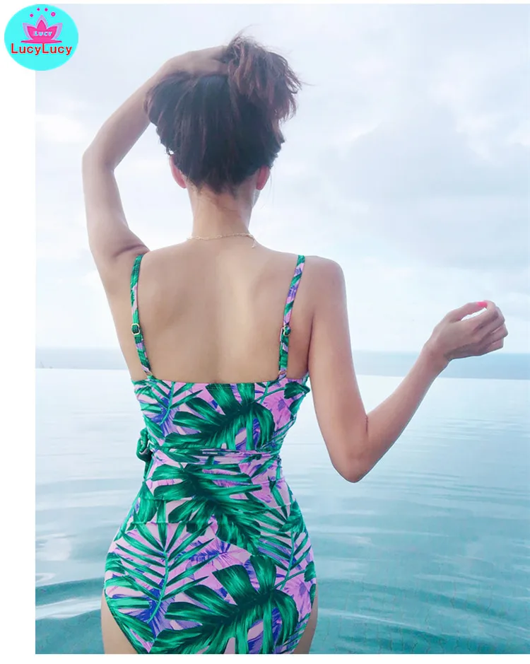 

2019Europe and the United States new fashion color matching print one-piece swimsuit women's waist hollowed out with slim bikini