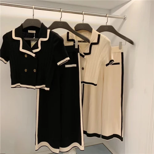 

Woman Spring And Autumn New Korean Turn-down Collar Brief 2 Pcs Set Fashion Casual Double Breasted Wide Leg Pants Two Piece Set