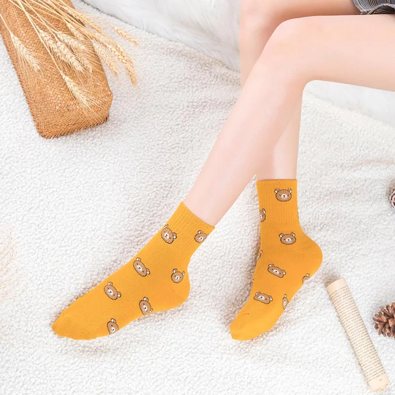 Yellow Socks Продукт осень/зима Harajuku прекрасный мультфильм колледж Стиль носки женщины счастье кавай медведь личности Tide Calcetines - Цвет: Yellow Socks