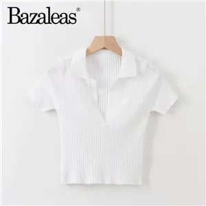 AP2 white 1902 Bazaleas Базовая модная укороченная футболка Повседневная трикотажная Синяя Женская футболка винтажный укороченный топ Женская футболка Прямая - Цвет: AP2 white 1902