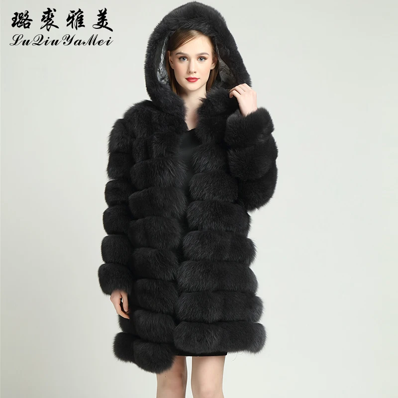 Шуба с капюшоном из натурального Лисьего меха 80 см 2020 зимнее пальто размера плюс |