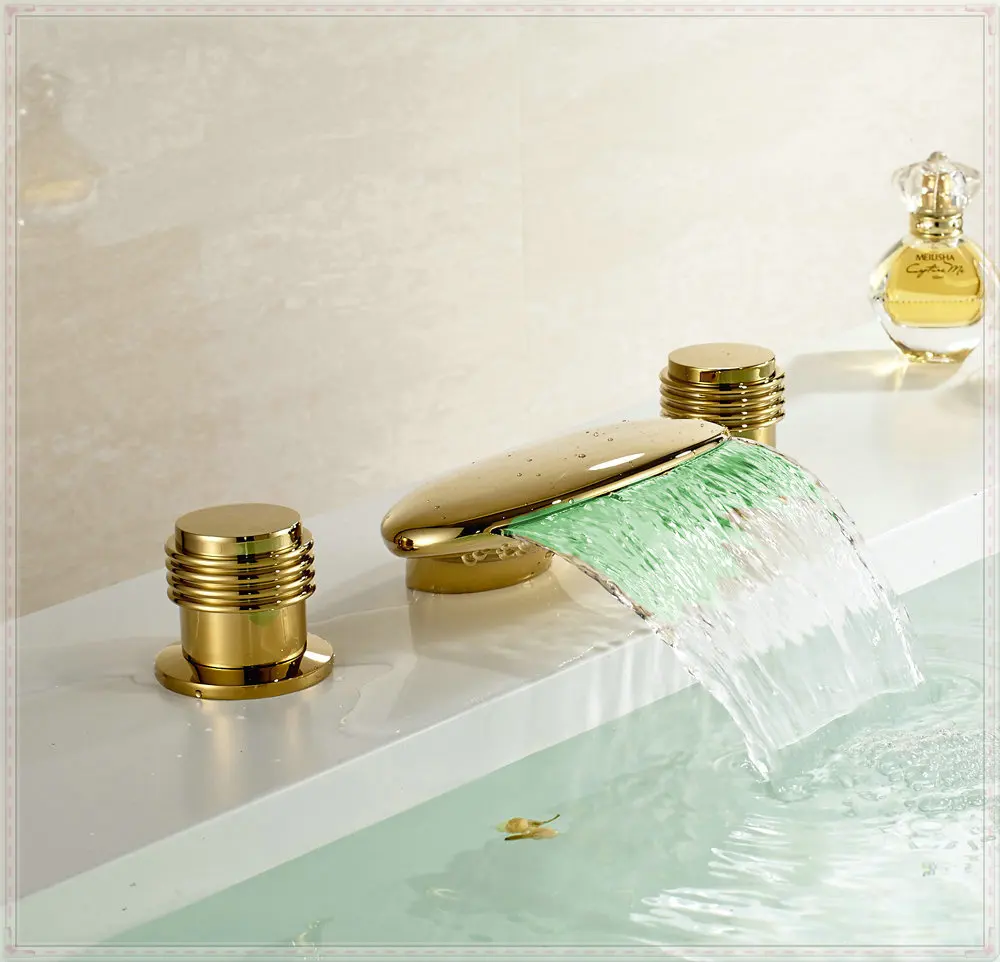 LED Light Waterfall Spout Bathtub Filler Faucet Widespread Mixer Tap Gold Finish vasos for jillkets electric water heater | Обустройство