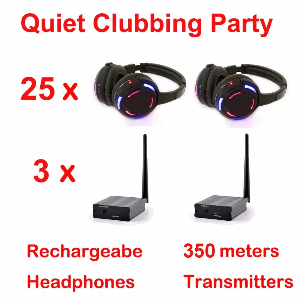 

Silent Disco Complete System Black Led Wireless Headphones - Quiet Clubbing Party Bundle (25 Headphones + 3 Transmitters)