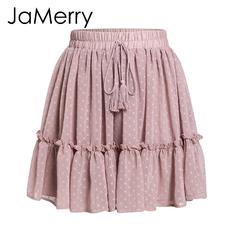 JaMerry, Boho, с принтом, мини, короткая, для женщин, юбка с высокой талией, в горошек, с кисточками, трапециевидная, летняя, праздничная, юбка, сексуальные, с оборками, пляжные юбки