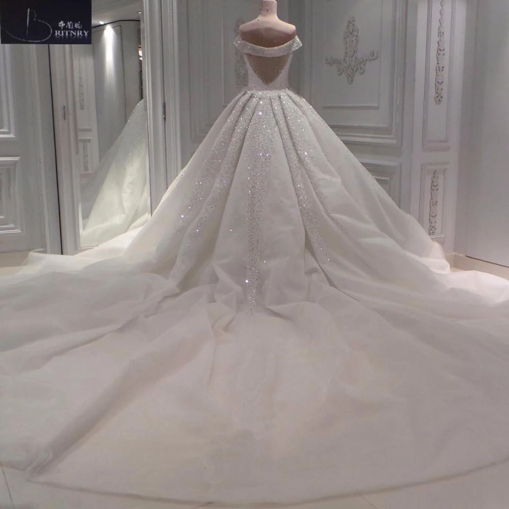 High Quality Off the Shoulder Ball Gown Plus Size Wedding Dress Beaded Cathedral Train Wedding Gowns