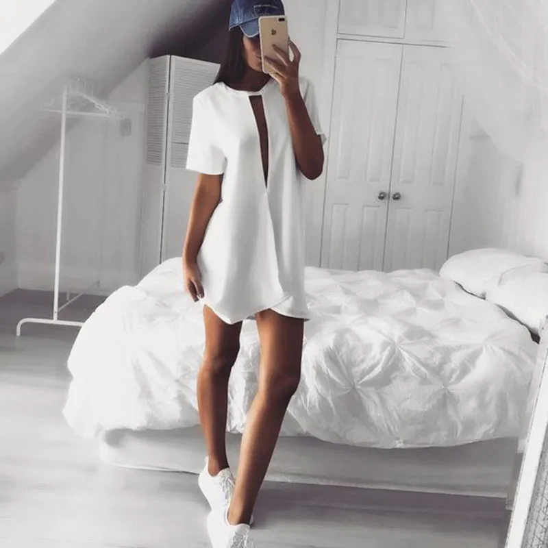 

Hollow out Sexy white chiffon dress women Summer 2017 short sleeve deep v neck beach party dresses Casual loose mini short dress