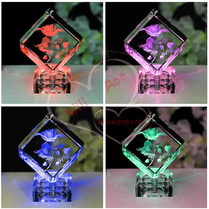 3D лазерный K9 Хрустальная Роза Гравировка Куба светодиодный Основание на День святого Валентина для дня рождения, свадьбы, годовщины подарки