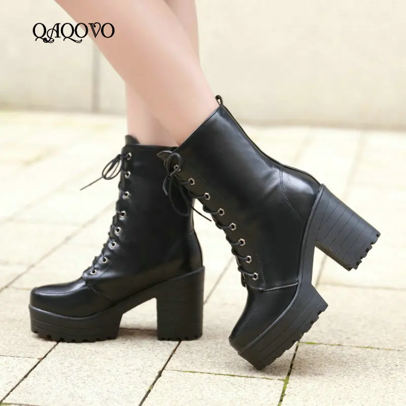 

Женские ботильоны на высоком квадратном каблуке, модные ботинки Martin на платформе с круглым носком, на шнуровке, Осень-зима 2019