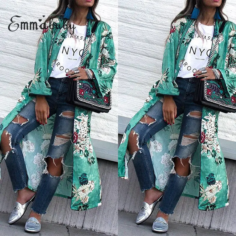 Женское шифоновое пальто в стиле бохо свободная накидка кимоно с цветочным