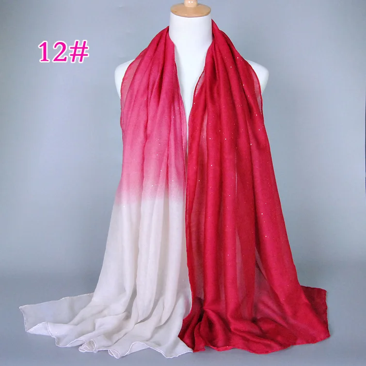 12 white red 1 шт. градиент цвет хлопок шарфы для женщин Исламская женский тюрбан длинная шаль блеск платок Shimmer мусульманских хиджабы тонкий Gauzy 180x90 см - Цвет: 12 white red