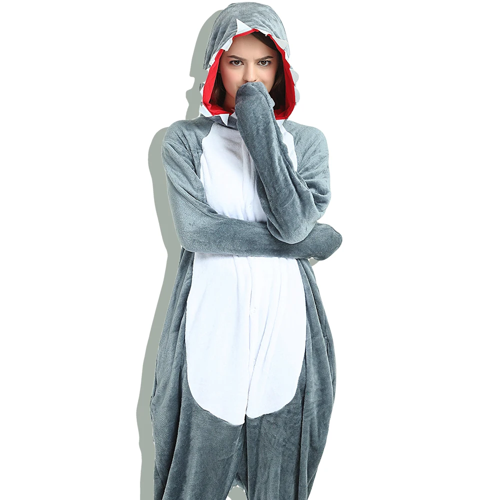 Новый животных пижамы Для женщин костюмы Акула Комбинезоны мужчин мультфильм